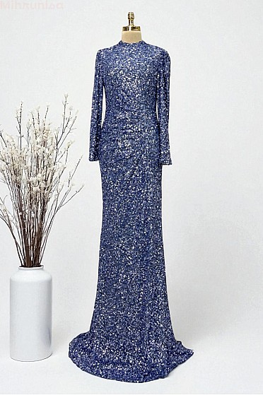 Tam Boy Payetli Zarif Kesim Colina Abiye - İndigo