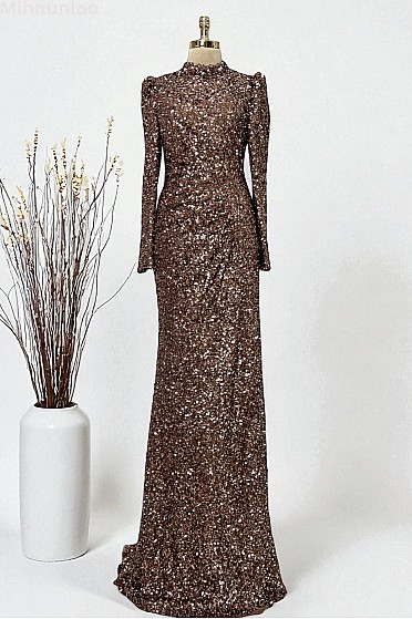 Tam Boy Payetli Zarif Kesim Colina Abiye - Kahve