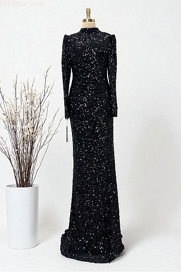 Tam Boy Payetli Zarif Kesim Colina Abiye - Siyah