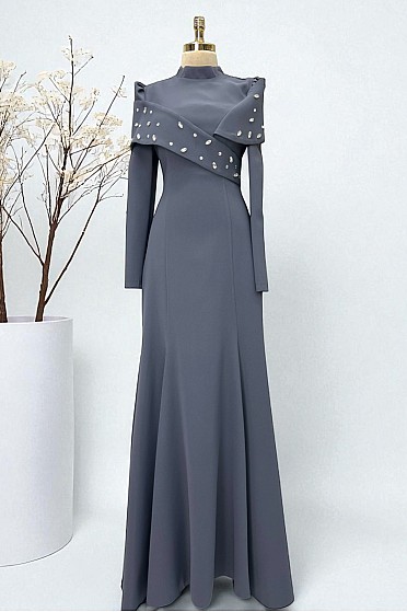 Taş Çakma Detaylı Bronte Abiye - Antrasit