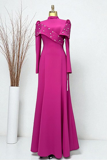 Taş Çakma Detaylı Bronte Abiye - Fuşya