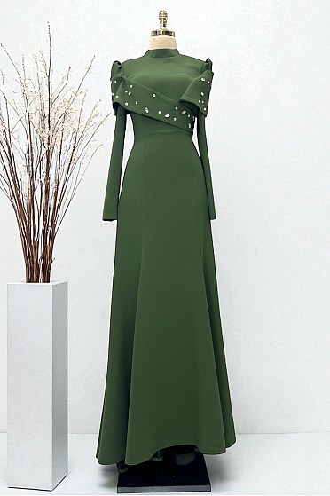 Taş Çakma Detaylı Bronte Abiye - Haki