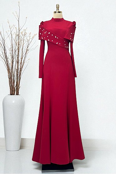 Taş Çakma Detaylı Bronte Abiye - Kırmızı