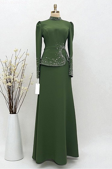 Taş İşlemeli Ayperi Abiye - Haki