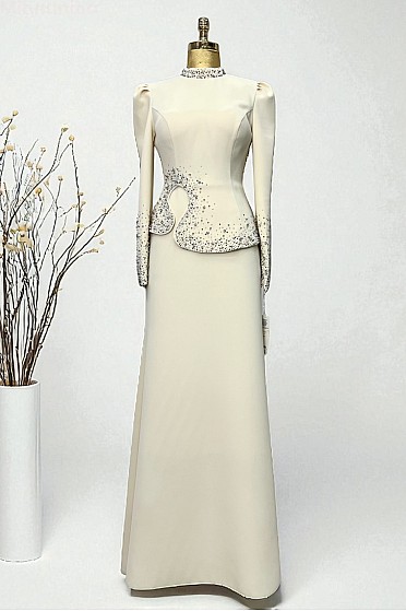 Taş İşlemeli Ayperi Abiye - Krem