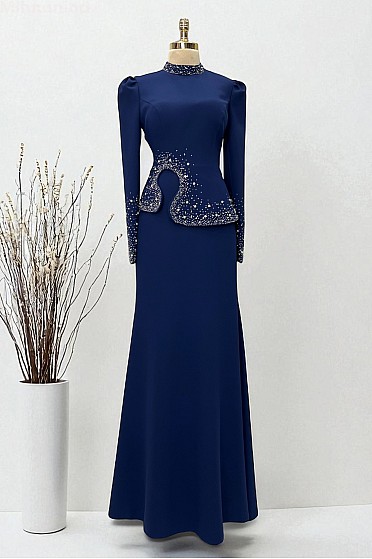 Taş İşlemeli Ayperi Abiye - Lacivert