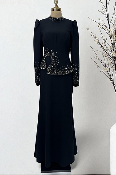 Taş İşlemeli Ayperi Abiye - Siyah