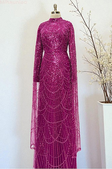 Tül Kola Peleri Detay Alima Abiye - Fuşya