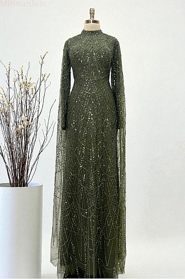 Tül Kola Peleri Detay Alima Abiye - Haki