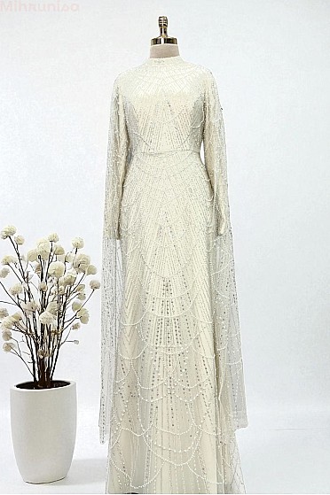 Tül Kola Peleri Detay Alima Abiye - Krem