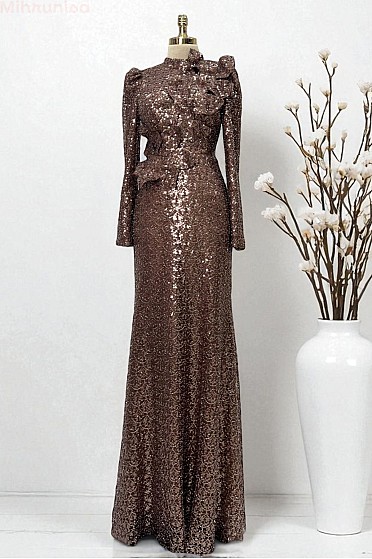 Volan Detaylı Mindy Abiye - Kahve