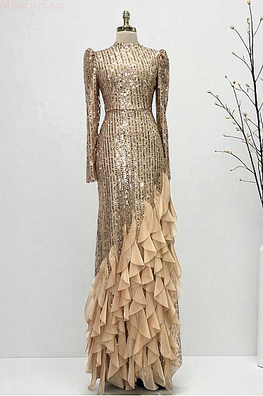 Volan Etekli Işıltılı Rosie Abiye - Gold