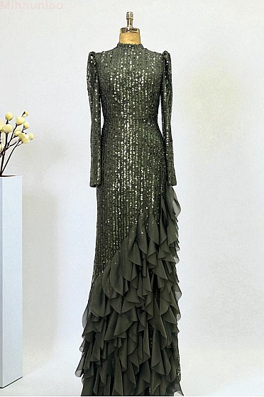 Volan Etekli Işıltılı Rosie Abiye - Haki