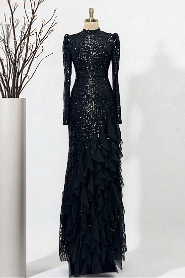 Volan Etekli Işıltılı Rosie Abiye - Siyah