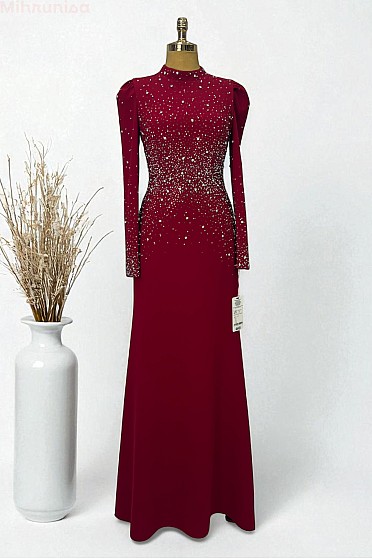 Zarif Taş Detay Eftelya Abiye - Kırmızı