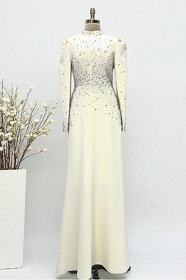 Zarif Taş Detay Eftelya Abiye - Krem