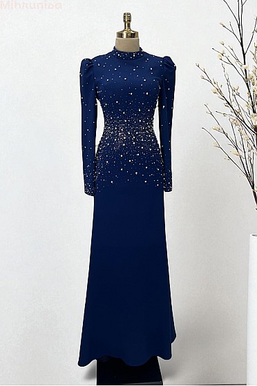 Zarif Taş Detay Eftelya Abiye - Lacivert