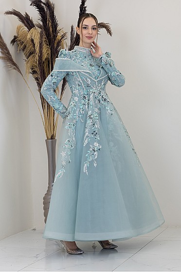 Motif İşlemeli Safa Abiye - Mint