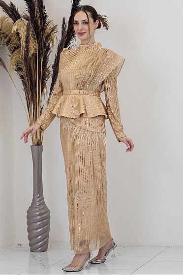 Payetli Peplum Detay Pamira Abiye - Gold