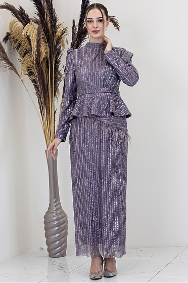 Payetli Peplum Detay Pamira Abiye - Lila