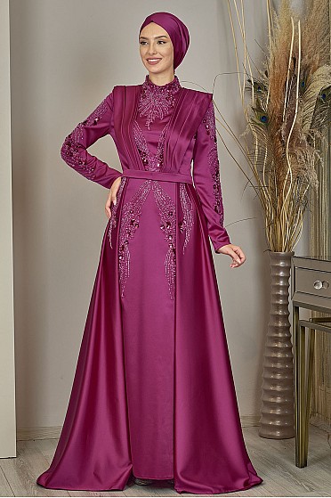 Saten Ve Dantel İşlemeli Milena Abiye - Mürdüm