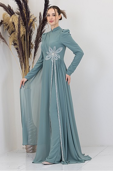 Taşlı Çiçek İşlemeli Çiçek Tulum - Mint