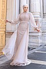 Etek Kısmı Tül İşlemeli Lavanta Abiye - Bej - MN-4853