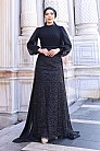 Etek Kısmı Tül İşlemeli Lavanta Abiye - Siyah - MN-4856