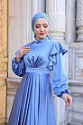 Fırfır Detay Saten Berrak Abiye - Mavi - MN-4844