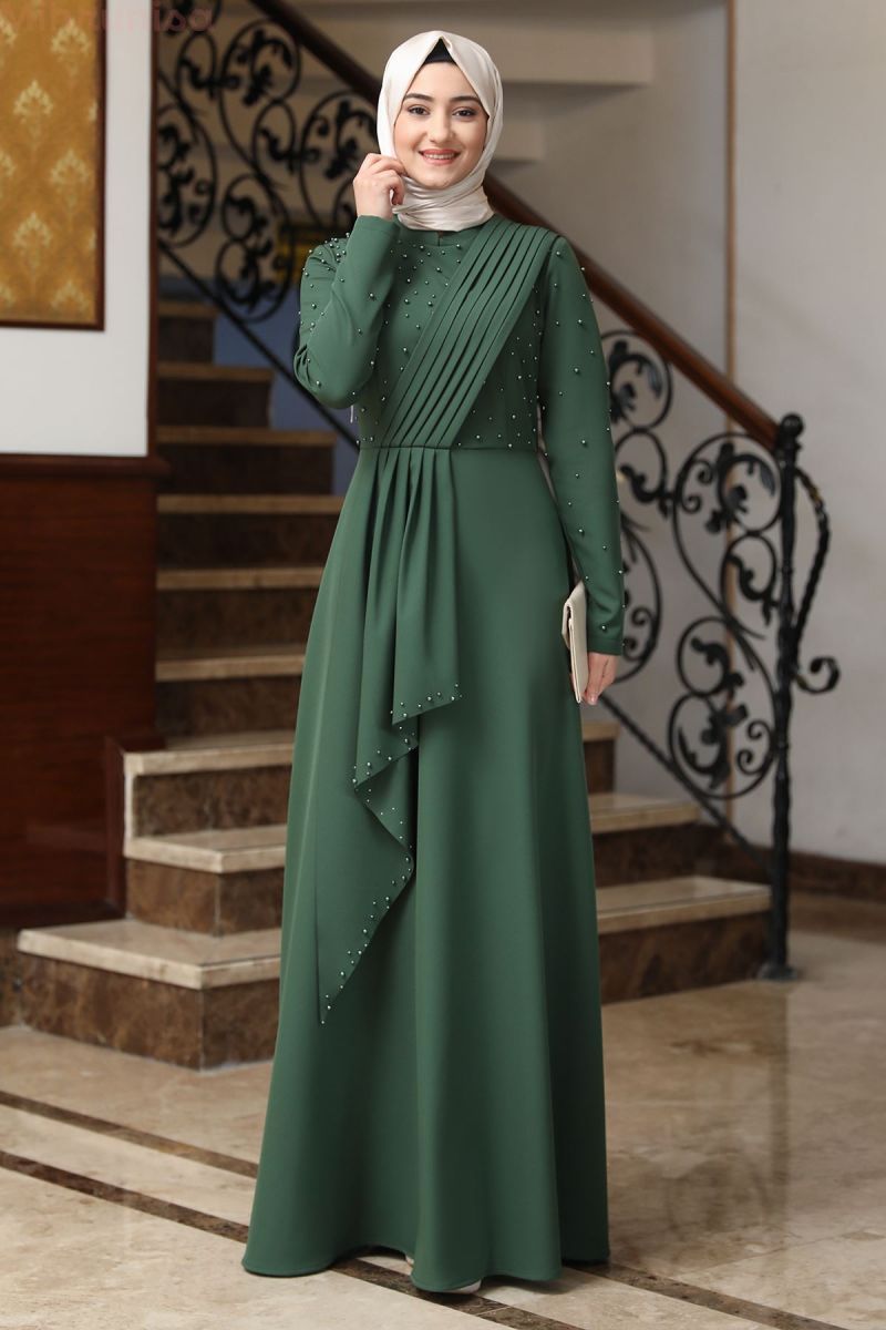 İnci Detay Manolya Elbise - Zümrüt