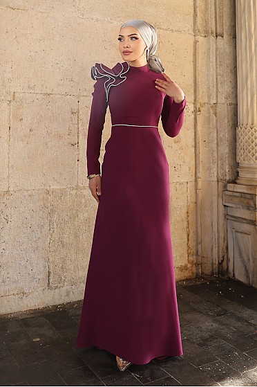 Omuz Detay Gelincik Abiye - Bordo