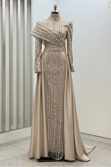 Omuz Detaylı Saten Elegance Abiye - Gold