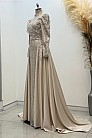 Omuz Detaylı Saten Elegance Abiye - Gold - MN-5022