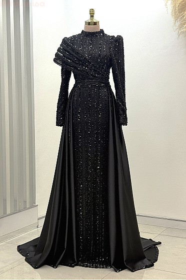 Omuz Detaylı Saten Elegance Abiye - Siyah