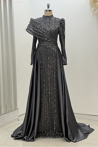 Omuz Detaylı Saten Elegance Abiye - Gri