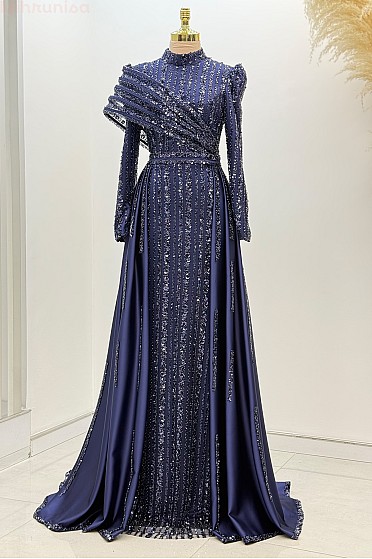 Omuz Detaylı Saten Elegance Abiye - Lacivert