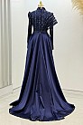Omuz Detaylı Saten Elegance Abiye - Lacivert - MN-5026