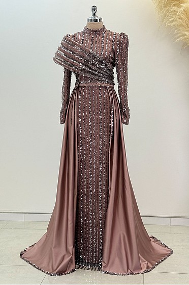 Omuz Detaylı Saten Elegance Abiye - Kahve