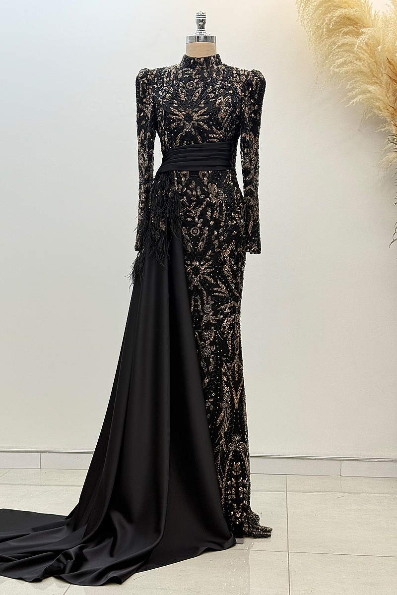 Beli Kuyruk Detay Dantel Zenna Abiye - Siyah Gold