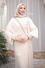 Drapeli Taş Şerit Detaylı Marceline Abiye - Krem - MN-5219