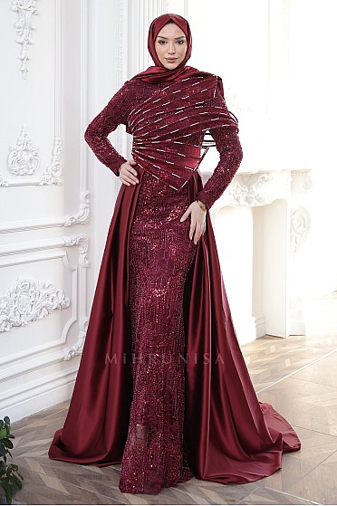 Asimetrik Detay Kuyruklu Cecilia Balık Abiye - Bordo