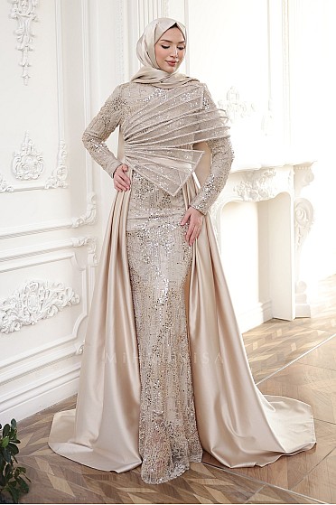 Asimetrik Detay Kuyruklu Cecilia Balık Abiye - Gold