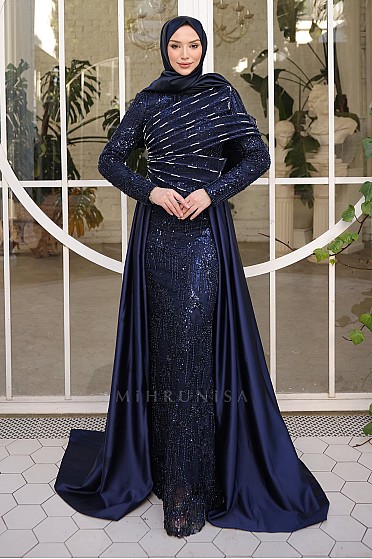 Asimetrik Detay Kuyruklu Cecilia Balık Abiye - Lacivert