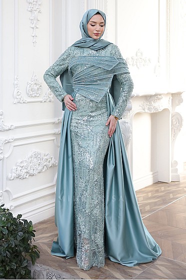 Asimetrik Detay Kuyruklu Cecilia Balık Abiye - Mint