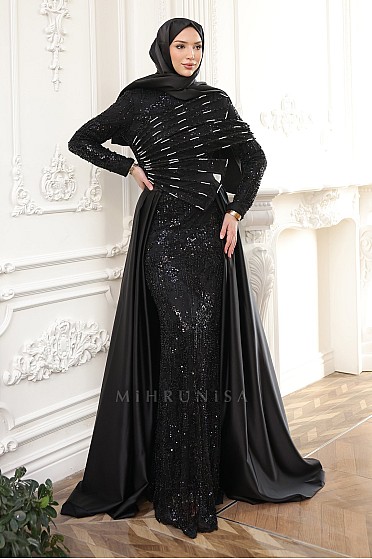 Asimetrik Detay Kuyruklu Cecilia Balık Abiye - Siyah