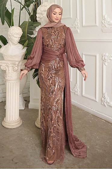 Bel Detaylı İşlemeli Liora Abiye - Gül Kurusu