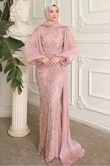 Bel Detaylı İşlemeli Liora Abiye - Pudra