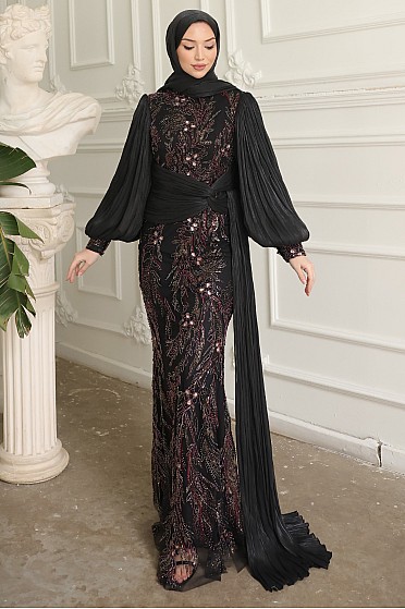 Bel Detaylı İşlemeli Liora Abiye - Siyah