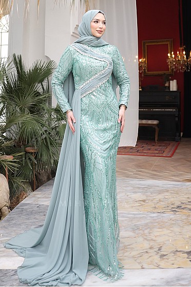 Çapraz Taş Detaylı Alisya Abiye - Mint