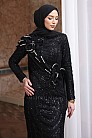 Çiçek Aplikeli Taşlı Gilda Abiye - Siyah - MN-5197